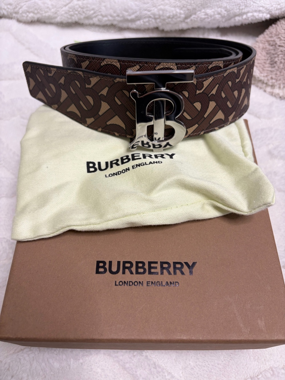 Burberry Brown Monogram Canvas Belt with Silver-Tone Buckle 36/90